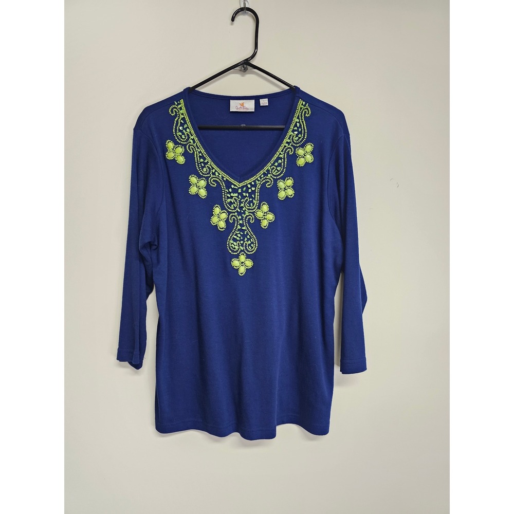 Quacker Factory Women's Blue V Neck Blouse with Lime Green Beading Size L